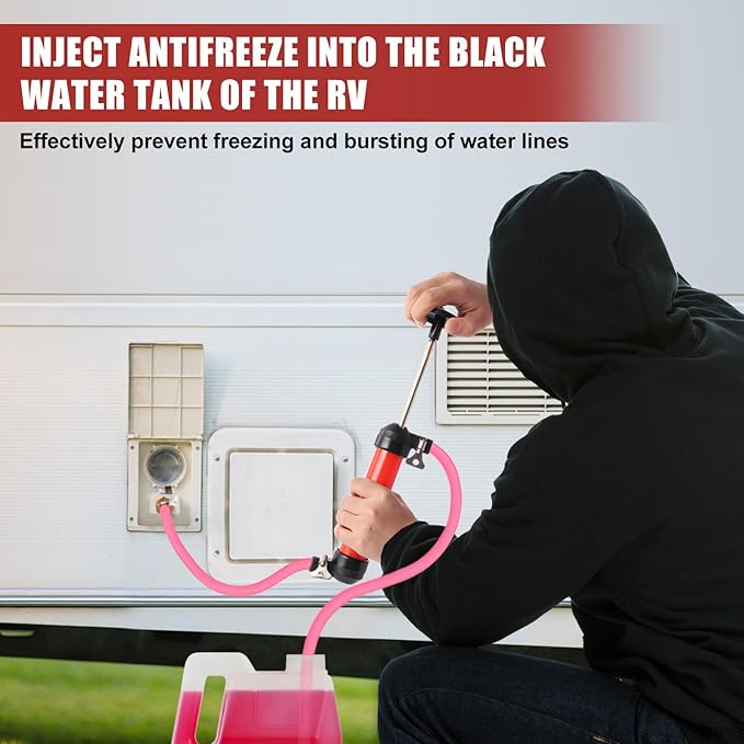 RV Antifreeze Siphon Hand Pump Kit, Liquid Transfer Pump with Two 1 Metre Clear PVC Hoses for Petrol, Oil and Fluids, Fuel Siphon Pumps with 2 Clamps, Camper, Boat Winterization Accessories
