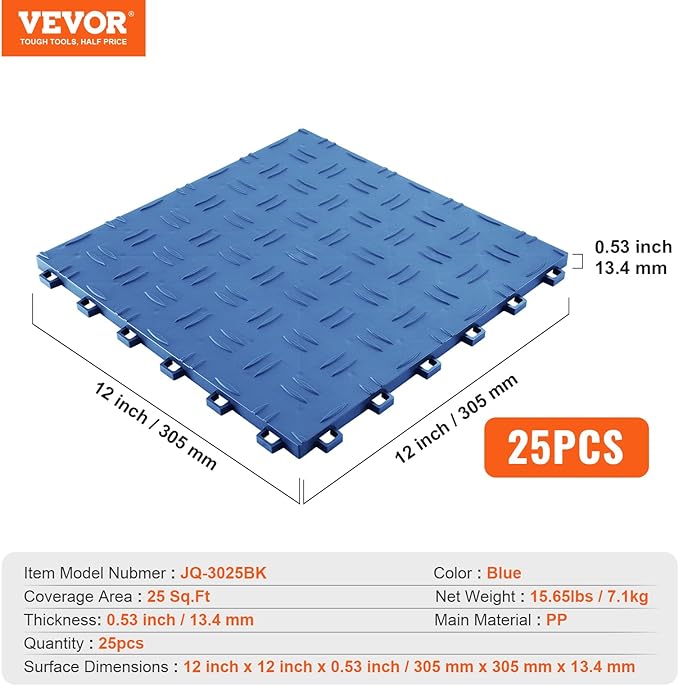 VEVOR Interlocking Garage Floor Covering Tiles, 12 x 12 x 0.53 inch, 25 Pack, Non-Slip Double-Sided Texture, for Basements, Repair Shops, Blue