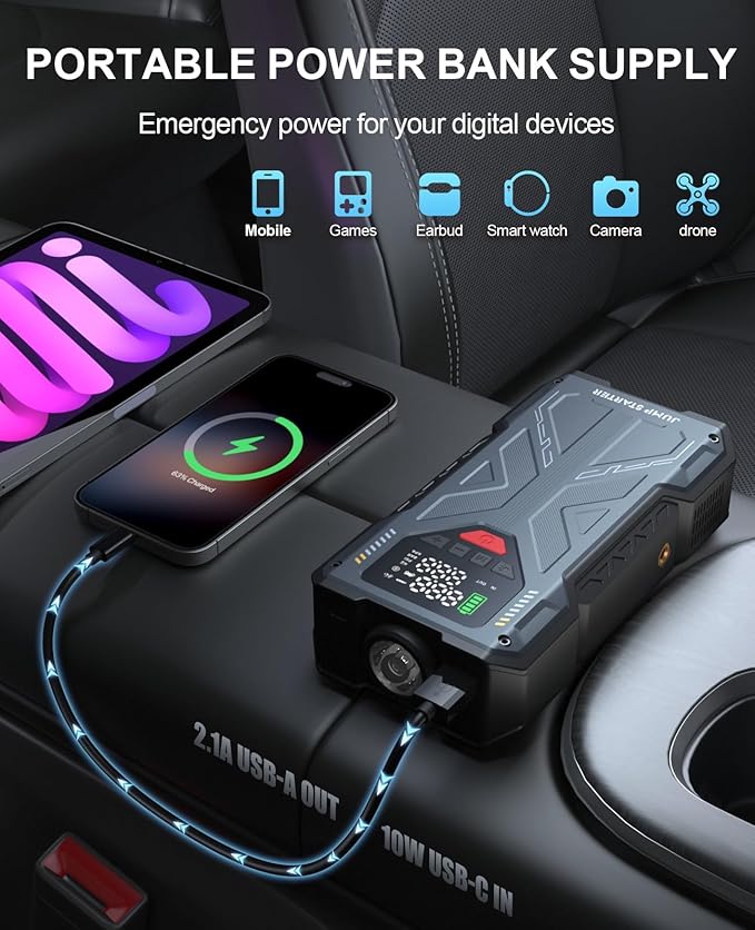 Jump Starter with Air Compressor, 4000A Car Jumper Starter Portable & 12V Car Battery Charger Jump Starter Power Pack with 150PSI Auto-Shutoff Tire Inflator, Jumper Box for 8.0L Gas/6.5L Diesel, QC3.0