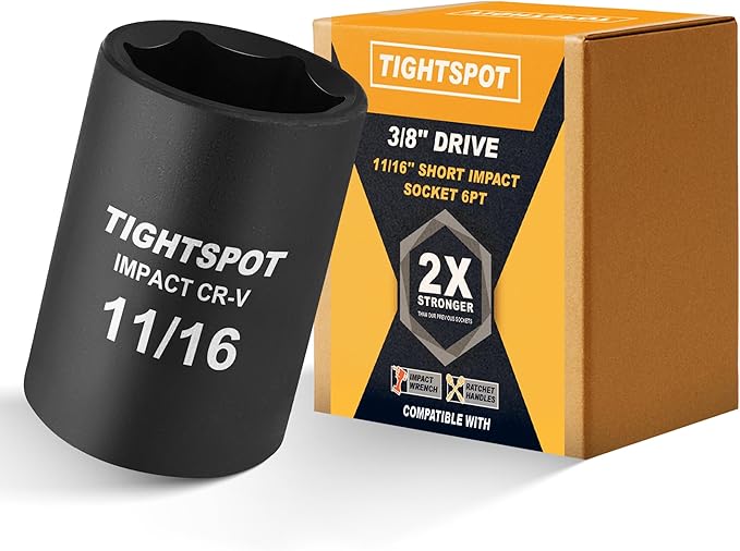 TIGHTSPOT 3/8 Inch Drive 11/16 Inch Shallow Impact Socket with Anti-Rounding 6 Point Design, Heat-Treated CRV Steel