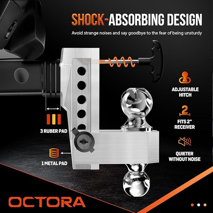 Adjustable Trailer Hitch (Fits 2-Inch Receiver) - Aluminum Tow Hitch with 6-Inch Drop/Rise for Truck (12,500 LBS GTW) - Double Anti-Theft Locking Hitch Pins (Silver, 2.0inch-6Drop-Tri Ball)