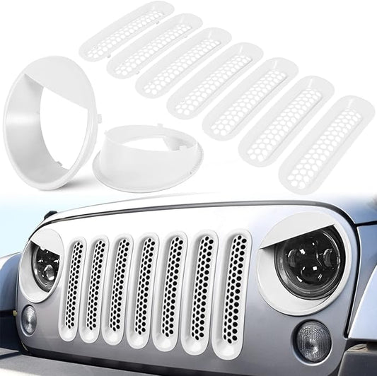 Front Grille Mesh Inserts & Headlight Cover for Jeep Wrangler JK JKU Sport Freedom Rubicon Sahara Unlimited 2007-2018 Exterior Accessories Clip-in Grille Guard Headlight Bezels Trim (Matte White)