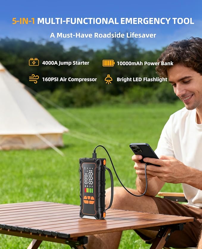 Battery Jumper Starter Portable, Jump Starter with Air Compressor-4000A 12V (7.0L Gas/ 6.0L Diesel) with 160PSI Tire Inflator, 10000mAh Jump Box Car Battery Jump Starter, Jumper Cables, LED Light