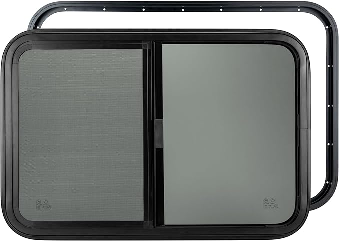 Dulepax Horizontal RV Window, 21" W x 14" H Tinted Slide Trailer Window, Tempered Glass Camper Window Replacement with Net Screen and Trim Ring, DOT Approved