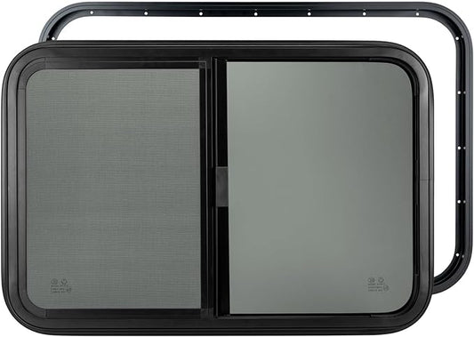 Dulepax Horizontal RV Window, 21" W x 14" H Tinted Slide Trailer Window, Tempered Glass Camper Window Replacement with Net Screen and Trim Ring, DOT Approved