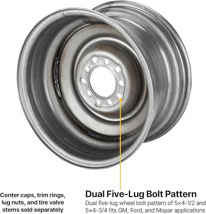 Speedway Motors Smoothie 15 x 8 Plain Steel Wheel, 5 on 4.5/4.75 Dual Bolt Patterns, 4.25 Wheel Backspacing, 3/16 Inch Thick Steel Centers with Reinforcing Rib
