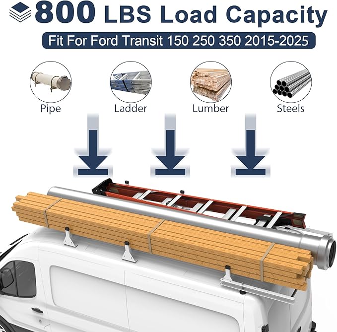 Cargo Van Roof Ladder Rack Fit for 2015-2025 Ford Transit 150 250 350 with Rear Cargo Roller 800LB Steel White