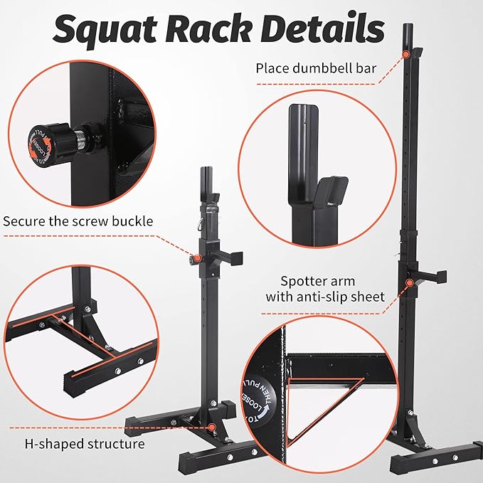 PayLessHere 550LBS Adjustable Squat Rack 40"-66", Sturdy Steel Squat Barbell Stand with Bench Press Holder for Home Gym, Portable Weight Rack