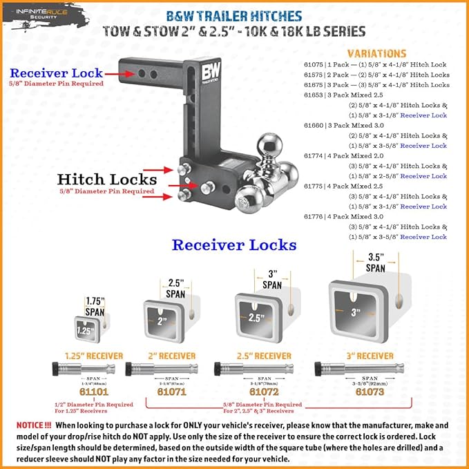 61775 | 4 Pack Mixed 2.5, Keyed Alike, Hitch Locks for B&W 2" & 2.5" Tow and Stow 10K LB & 18K LB - Includes Receiver Lock for 2.0" Or 2.5" Receiver