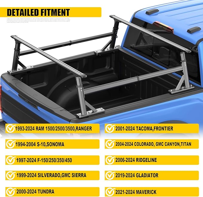 Truck Ladder Rack, Adjustable Height Aluminum Extendable Cargo Rack Cross Bars Truck Bed Rack for Full Size & Mid Size Pickup Trucks,Ford F-Series,Tacoma,Tundra,Gladiator JT,Silverado,GMC Sierra,Titan