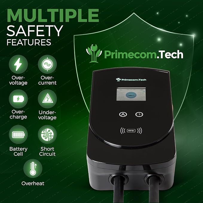 50 Amp - PRIMECOM.TECH Level-2 Smart Electric Vehicle Home Charging Station 220 Volt for Tesla and All EV Brands, 30' to 50' Feet Cord Length Options (Hardwire, 40 Feet)