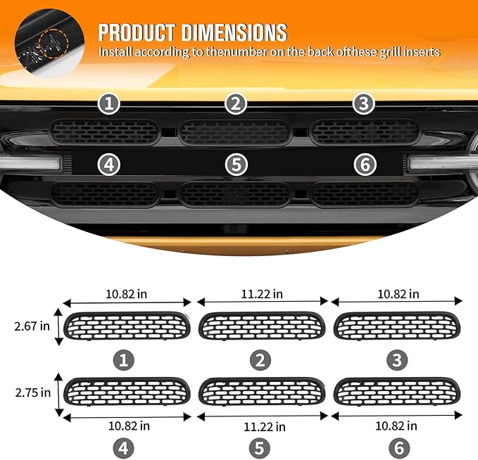 Jimen Compatible with Ford Bronco 2021-2023, 6PCS Front Grille Inserts Mesh Grill Cover Exterior Trim Accessories (Matte Black)