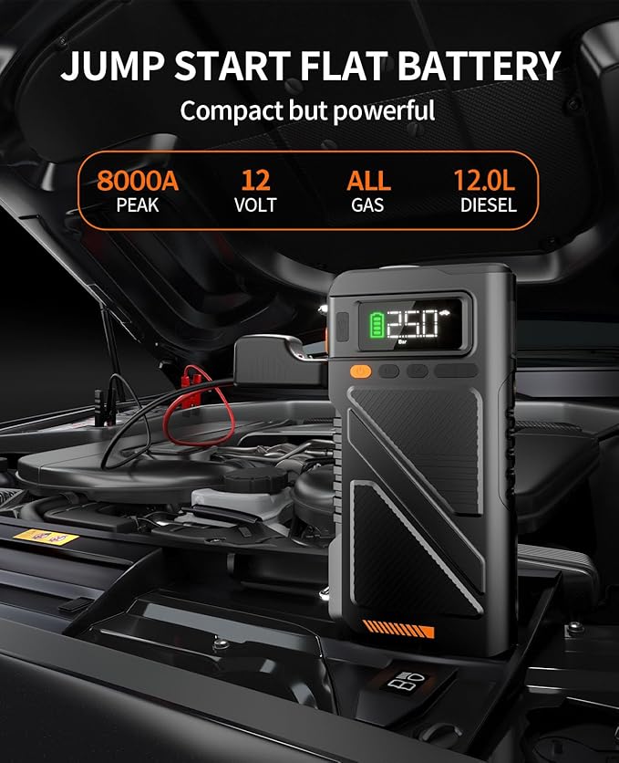 8000A Jump Starter with Air Inflator & Deflator Compressor, 9-in-1 Portable 12V Car Jump Box Power Pack for All Gas/12L Diesel Engine with 150PSI Tire Inflator & Extended Jumper Cable