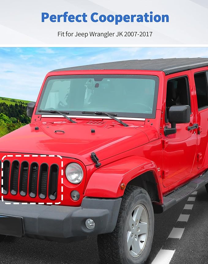 7Pcs Front Grille Inserts Guard for Jeep Wrangler JK 2007-2017 Matte Black Front Mesh Grille Cover Guard Clip-in Trim Cover, Matte Black