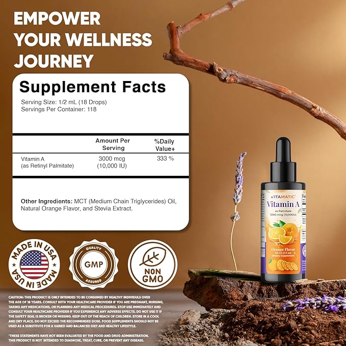 Vitamatic Sugar Free Vitamin A Liquid Drops 10000 IU (3000 mcg) as Retinyl Palmitate - Approximate 4 Months Supply - Immune Support, Eye Health, Skin Health - 2 FL OZ (59 ml)