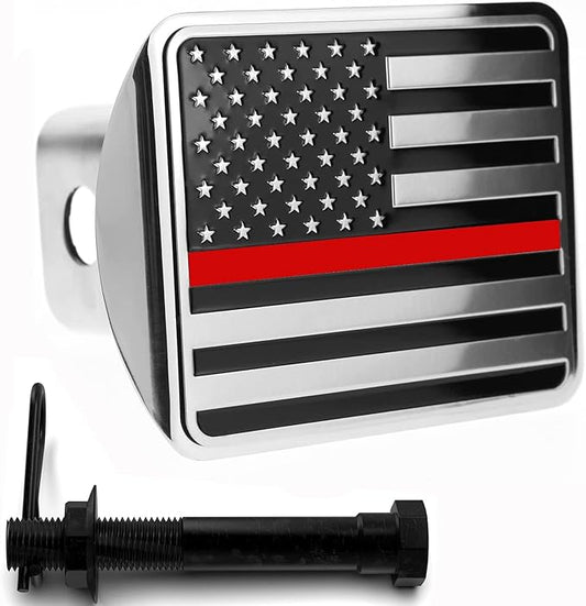 eVerHITCH USA Flag Stainless Steel Metal Hitch Cover (Fits 2" Receivers, Black & Chrome with Thin Red line)