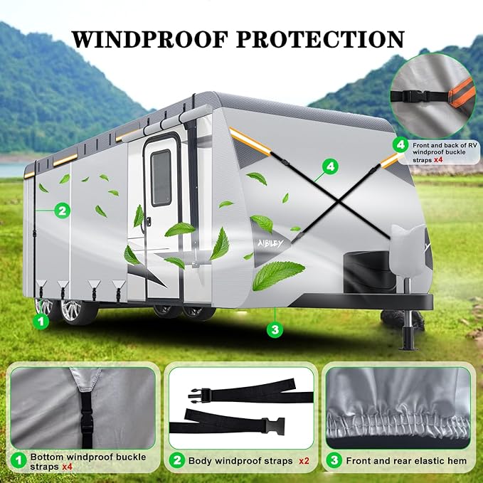 RV Cover 30-33FT Travel Trailer and Camper Covers,Durable Tearproof Oxford Polyester Fabric for Waterproof,Cold and UV Resistant,Air Vent,Side Zipper,Reflective Strip,Windproof Buckles-Aibiley