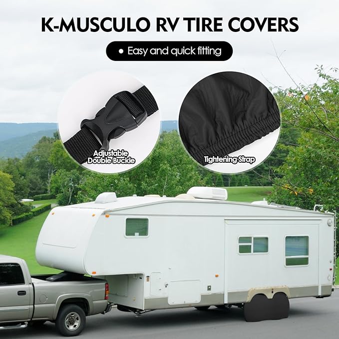 K-Musculo RV Tire Covers, Dual Axle Wheel Cover Heavy-Duty Leather, 2 Pack RV Wheel Cover Fits 30"-32" Dia Tires Double Buckles, Suitable for, RV, Truck, Trailer, Universal for All Seasons.(Black)