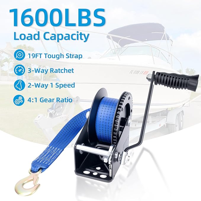 1600LBS Heavy Duty Boat Trailer Winch with 19FT Strap, 2-Way Ratchet, 4:1 Gear Trailer Winch, Portable Hand Crank for Boat, Truck, Trailer, RV, ATV, Jet Ski