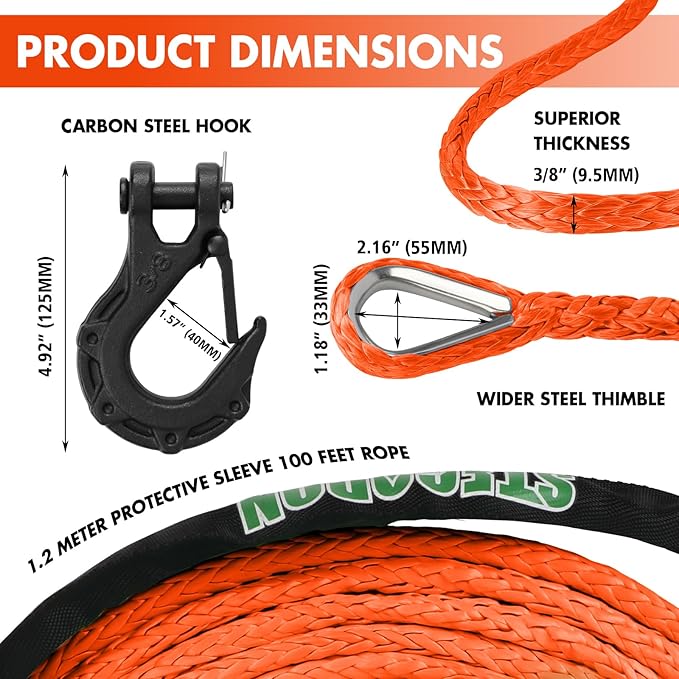 Synthetic Winch Rope, 3/8" x100ft 23809LBS Dyneema Winch Rope 3/8 Heavy Duty Winch Cable with Protective Sleeve Forged Winch Hook for 4WD Off Road Vehicle Truck SUV (Orange)