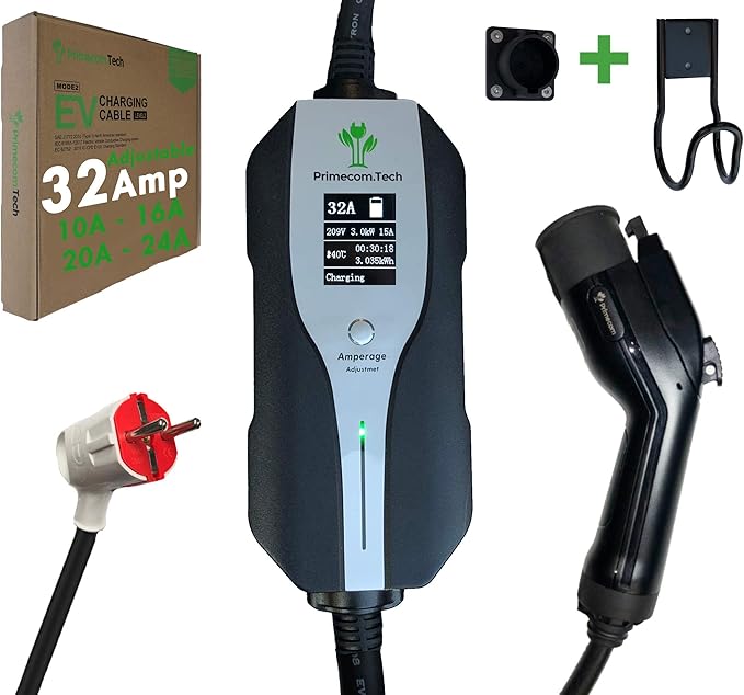 PRIMECOMTECH Primecom.Tech Level 2 Electric Vehicle (EV) Charger Amperage Adjustable (10Amp - 16Amp - 20Amp - 24Amp - 32Amp) 30Ft Cable EVSE Plug-in Hybrid (30 FT, European)