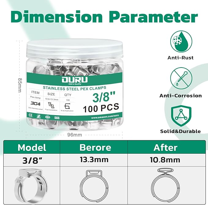100PCS 3/8 Pex Crimp Ring,304 Stainless Steel Pex Cinch Clamps,Single Ear Hose Clamps for Pex Fittings Pipe Tubing