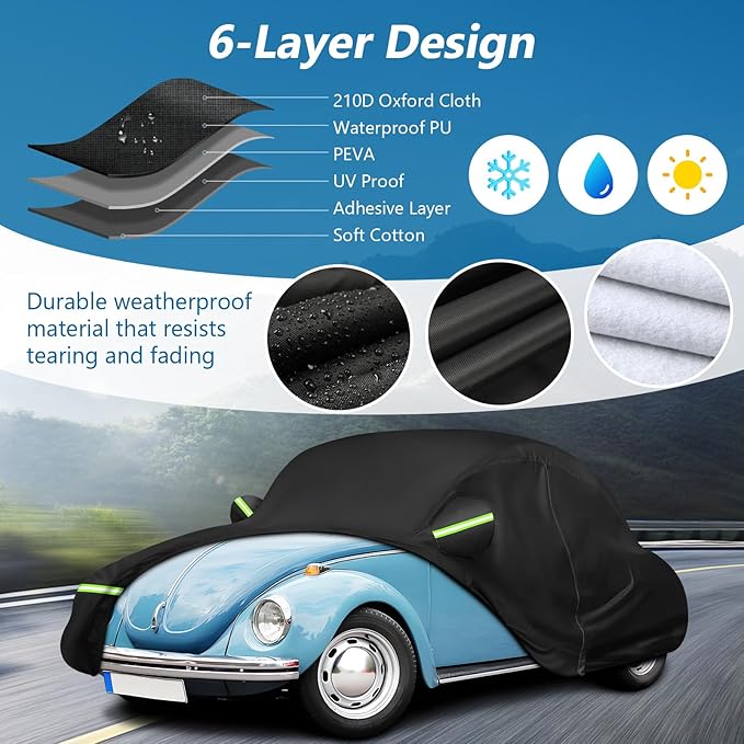 Custom Fit for Volkswagen Beetle Bug 2-Door 1960-1980 Sedan Car Cover Waterproof Heavy Duty All-Weather Protection with Door Zipper & Storage Bag