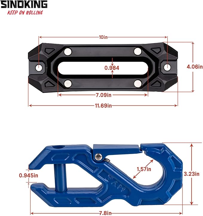SINOKING Winch Fairlead with Tow Hook, Aluminum Hawse Fairlead with Grade 80 Forged Steel Winch Hook, 45000lb Break Strength Winch Fairlead Hook Set for Off-Road Vehicle Recovery, Black and Blue
