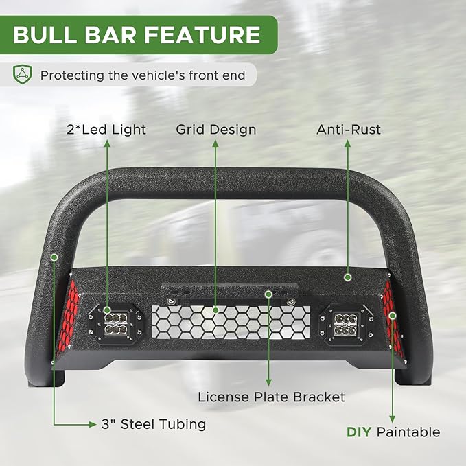 Bull Bar Fit for Toyota Tacoma 2nd gen 05 06 07 08 09 10 11 12 13 14 15 with LED Light & w/License Plate Bracket DIY Paintable Truck Front Bumper Brush Push Bar Front Grille Guard Protector