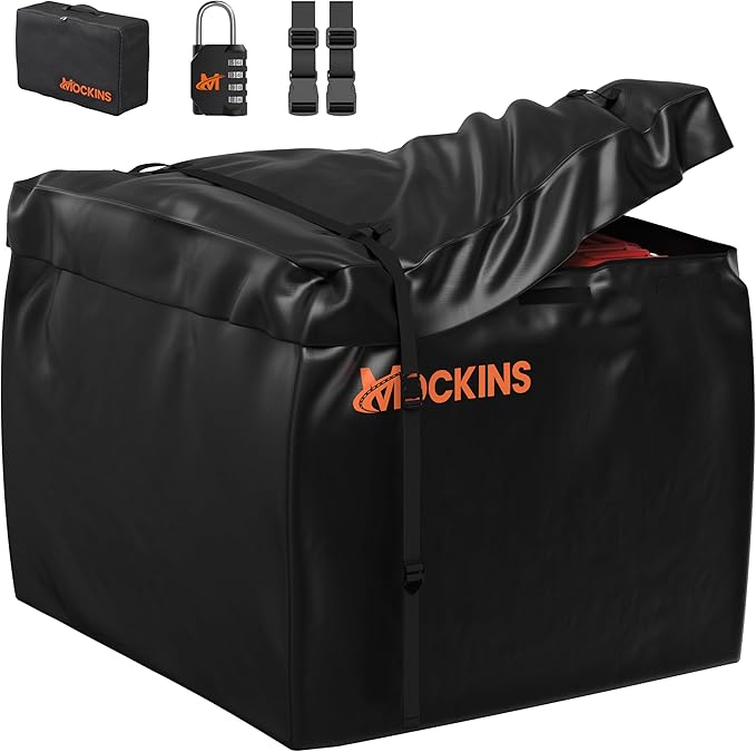 Mockins 30 Cubic Ft Square Trailer Hitch Cargo Carrier Bag Waterproof & All Weather | 40"x40"x32" 500D PVC Cargo Bag for Hitch Carrier | Spacious Truck Bed Waterproof Storage w/Buckle Straps & Lock