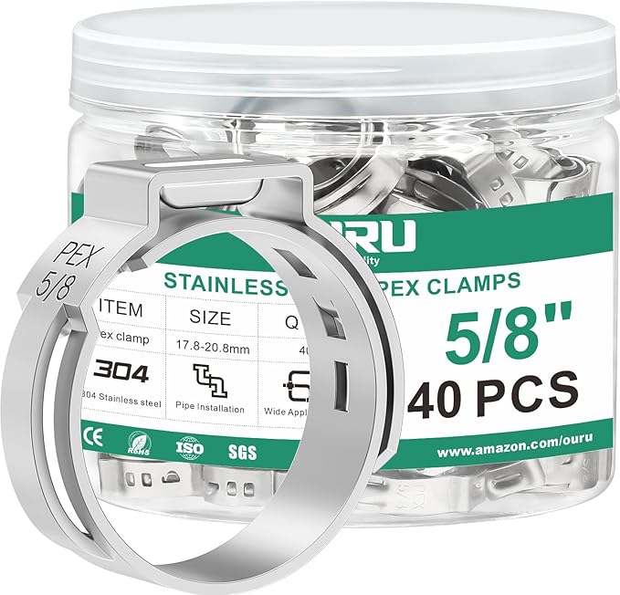 40PCS 5/8 Pex Crimp Ring,304 Stainless Steel Pex Cinch Clamps,Single Ear Hose Clamps for Pex Fittings Pipe Tubing