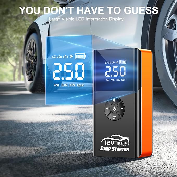 Jump Starter with Air Compressor, 8000A 180PSI, Portable Car Battery Jump Starter (All Gas/12L Diesel) 12V Automobile Jump Box Pack Chargers with Jumper Cables, 4-Mode LED Lights (Pumpkin Orange)