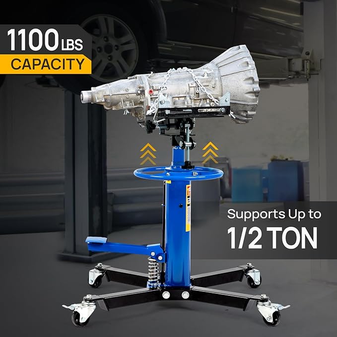 TUFFIOM Transmission Jack, 1100 lbs 1/2Ton Hydraulic 2-Stage High Lift Vertical Telescoping Floor Jack Stand, 34" to 68" Lifting Range, w/Pedal, 360° Swivel Wheels, Garage/Shop Lift Hoist, Blue