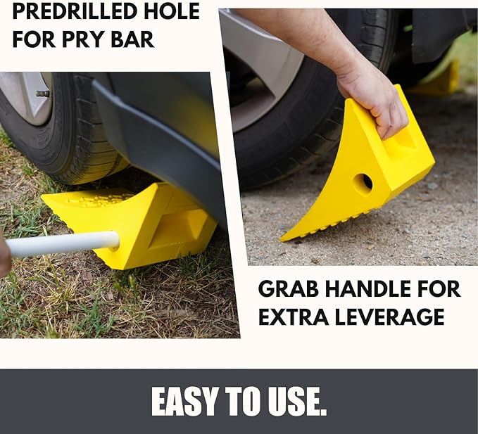 SECURITYMAN Heavy Duty Wheel Chocks (2 Pack) - Durable, Non-Slip, Solid Rubber Wheel Chocks for Boat Trailers, RV, Truck, Camper - Grip on All Surfaces - Trailer Wheel Chocks - Yellow