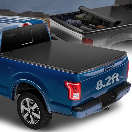 Auto Dynasty Soft Roll-up Truck Bed Tonneau Cover Compatible with 2015-2025 Ford F-150 8.2Ft/97.6Inch Fleetside/Styleside Bed, Matte Black Soft Vinyl Top