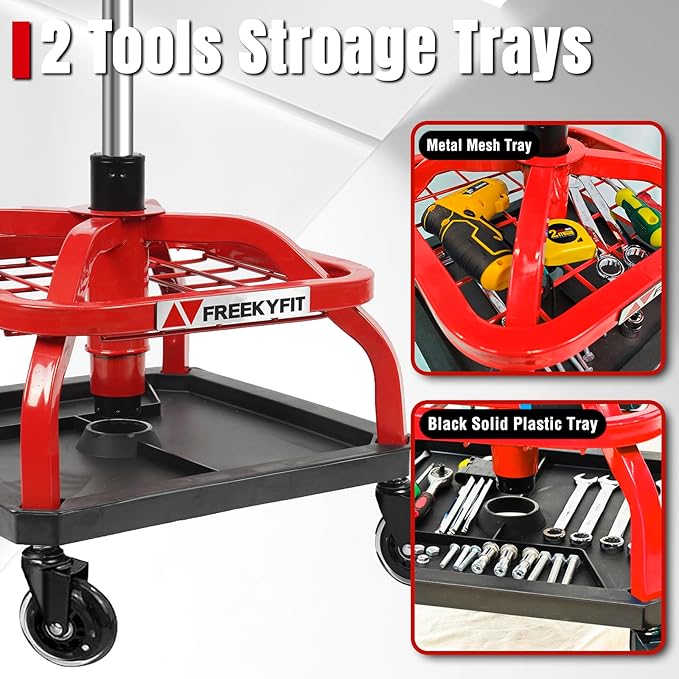 Rolling Shop Stool with Wheels, Garage Work Mechanic Stool with Backrest, Roller Mechanic Chair, Adjustable Height, 360° Swivel, Tool Tray Storage, 330 LBS Capacity, Heavy Duty, Red