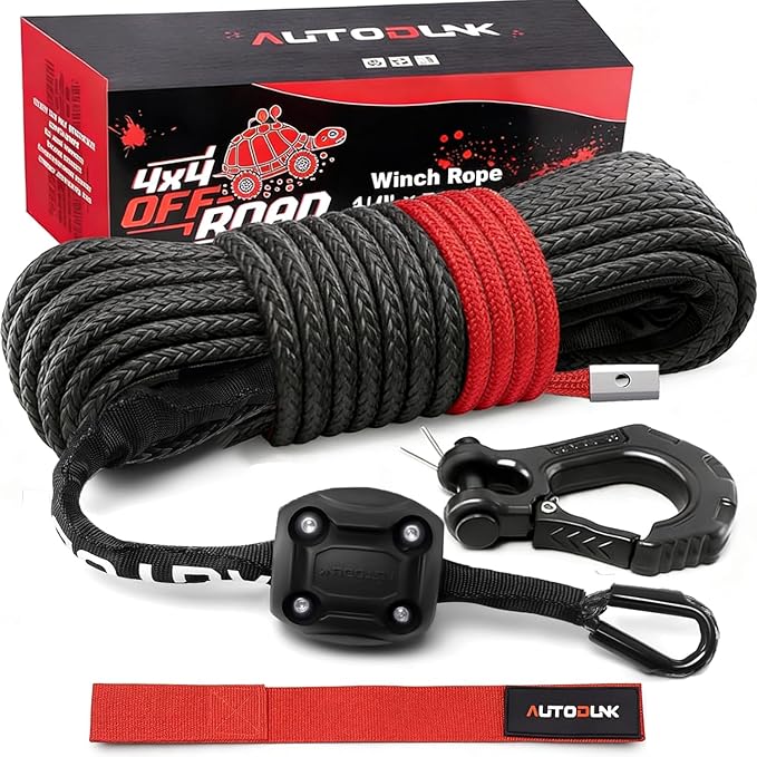 Synthetic Winch Rope - 1/4" x 50ft 10,000LBS Winch Line with Protective Sleeve, Forged Winch Hook and Rubber Stopper, Synthetic Winch Cable for 4WD ATV UTV Offroad Vehicles, Black