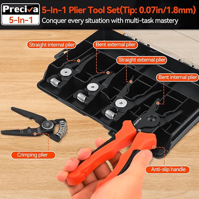 Preciva Snap Ring Pliers Set - Internal/External Circlip Pliers with 4 Pcs Straight/Bent Jaws, Heavy Duty Retaining Ring Pliers for Bearing Installation and Removal