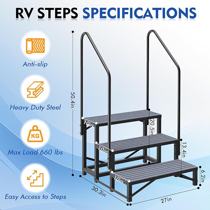 3-Step RV Steps with Dual Handrails, Heavy-Duty Mobile Home Steps, RV Stairs for Camper, Hot Tub, Trailer & Porch with Non-Slip Mats