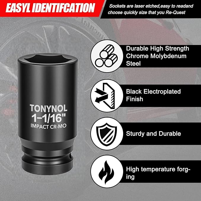 3/4" Inch Drive Deep Impact Socket,6-Point,SAE Size 1-1/16"",80mmL,CR-MO,Heavy-Duty Automotive & Industrial Repair