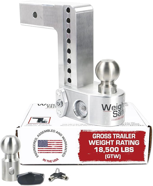 Weigh Safe Aluminum Adjustable Trailer Hitch - Towing Hitch with Built-In Tongue Weight Scale - Compatible with 2.5" Receivers - 8" Drop, Stainless Steel Tow Balls, 18,500 GTW, 1-Piece Lock Set