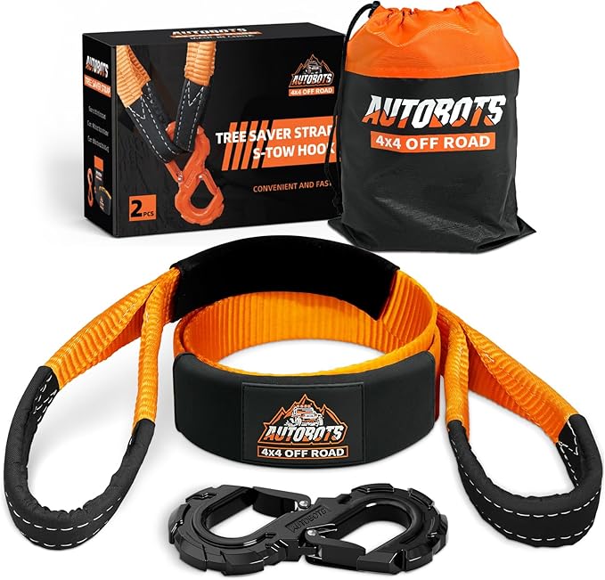 AUTOBOTS Tree Saver Strap 3" x 8' with S-Shaped Tow Hook，Heavy Duty Tow Strap 35300LBS Break Strength - Emergency Recovery Strap Winch Extension