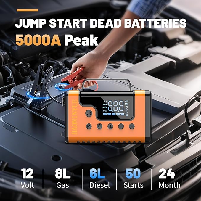 Car Jump Starters with Air Compressor, 5000A Portable Car Battery Booster, Clean Vacuum Cleaner, 12V Lithium Ion Battery Charger, 150PSI Tire Inflator for 8.0L Gasoline and 6.0L Diesel Engines