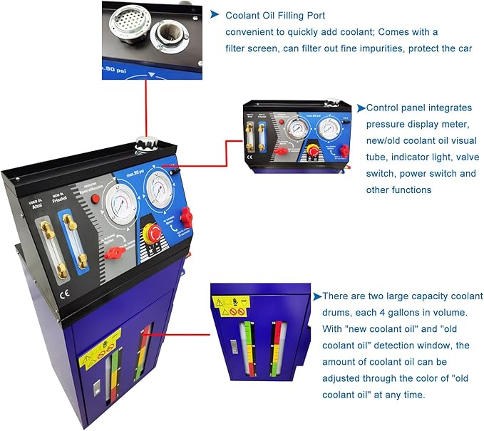 Automatic Engine Antifreeze Replacement Machine DC12V 70W Coolant Cleaning Oil Changer with 4galx2 Coolant Tank 58-101psi 13.2gal/min