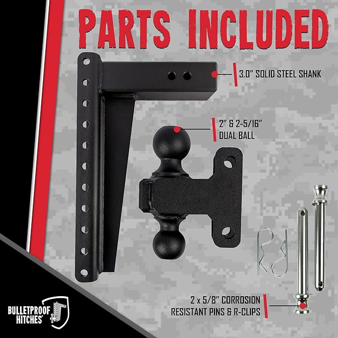 BulletProof Hitches - 3.0" Adjustable Heavy Duty Trailer Hitch (22,000 lb. Rating) - 16" Drop/Rise Trailer Hitch with 2" & 2-5/16" Dual Ball - Powder Coat, Solid Steel, Corrosion-Resistant