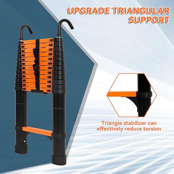12.5FT Telescoping Ladder, Aluminum Extension Ladder w/Triangle Stabilizers and Non-Slip Feet, Multi-Purpose Retractable Ladder for Home, Work and Outdoor, 330lbs Capacity Orange