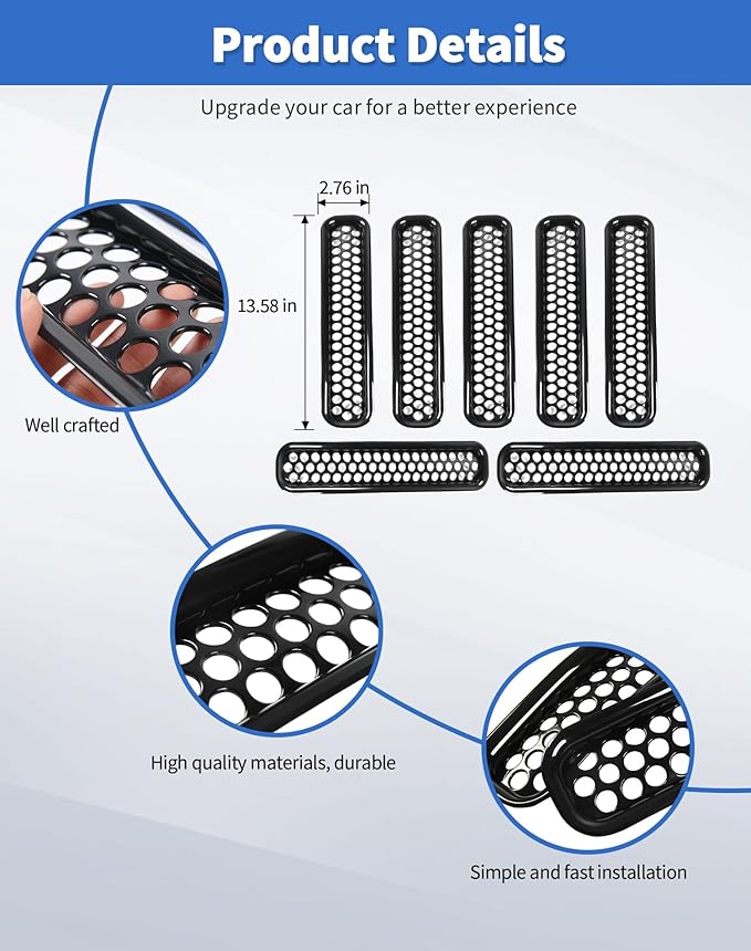 7Pcs Front Grille Inserts Guard for Jeep Wrangler TJ 1997-2006 Black Front Grille Mesh Cover Guard Clip-in Trim Cover, Black