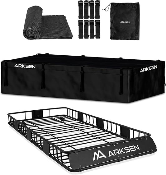 ARKSEN 84 x 39 x 6 Inch Universal 150LB Heavy Duty Roof Rack Cargo with 500D PVC Waterproof Cargo Bag, Top Luggage Holder Carrier Basket with Extension for SUV, Truck, & Car Steel Construction