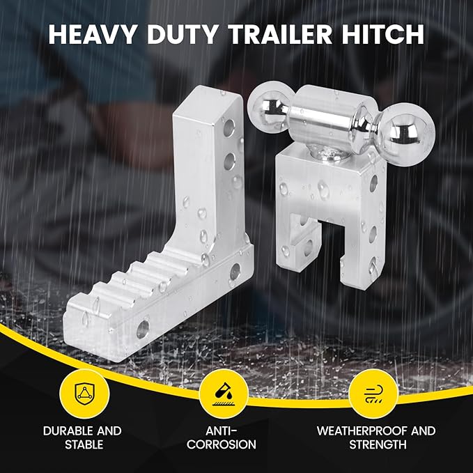 Adjustable Trailer Hitch for 2” Receiver, 12500 LBS GTW Aluminum - 6” Drop/Rise with 2-inch and 2-5/16 inch Dual Ball, Silver w/Anti-Theft Lock & Tow Hitch Tightener