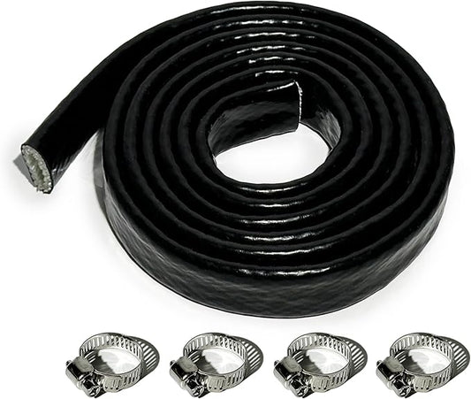 1/2" ID Heat Shielded Fire Sleeve Thermo Armor Silicone Coated Fiberglass Heat Protection w/ 4 Clamps for Automotive Hose Lines & Electrical Wiring - Black 5FT